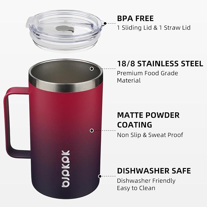 BJPKPK 25oz Insulated Coffee Mug with Handle, Stainless Steel Travel Mug | Keeps Drinks Hot & Cold, Double Wall Vacuum, 2 Lids Included, BPA-Free Coffee Tumbler for Home, Office & Travel - Image 2