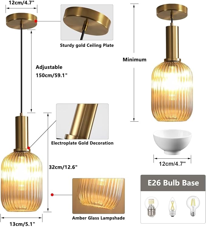 KCO Modern Brushed Gold Mini 5.1” Cylinder Amber Ribbed Glass Pendant Light | E26 Bulb Hardwired, Adjustable Cord Mid Century Vintage Brass Hanging Ceiling Lamp for Sloped Ceiling Kitchen Dining Room Bar - Image 2