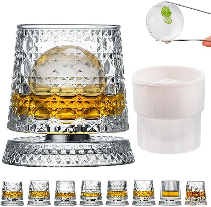 360 Degree Rotating Whiskey Glass Set with Ice Ball Mold, Crystal Clear Bourbon Scotch Glassware for Men, Fun & Novelty Gifts (Pattern 6) by GOWARM