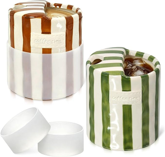 2-Pack 10 oz Ceramic Coffee Mug with Sip Hole & Silicone Sleeve | Cute Hand-Painted Striped Porcelain, Gift for Coffee Lover, Cold & Hot Drinks, Microwave & Dishwasher Safe, Green, Brown by ZLEVEAYN