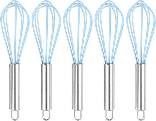 HARFINGTON 5Pcs Silicone Whisk 8" Kitchen Whisk Wire Whisks Beater with Stainless Steel Handle for Egg Milk Whisking Blending Beating & Stirring, Blue