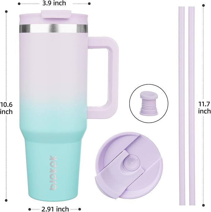 BJPKPK 40 oz Insulated Tumbler with Handle & Straw, Stainless Steel | Double Wall Vacuum Insulation, Leak Proof, BPA Free, Dishwasher Safe, Cupholder Friendly, Travel & Outdoor, Lavender Green - Image 3