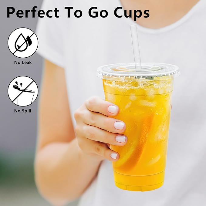 Lamosi 100 Pack 24 oz Clear Plastic Cups with Lids and Straws, Disposable Plastic Coffee Cups with Lids for Iced Coffee, Cold Beverages, Smoothies and To-Go Drinks