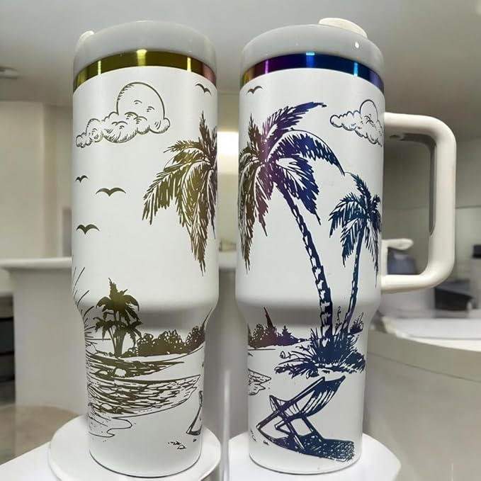 Tumbler, 40oz Tumbler, Western Tumbler, Engraved Cup with Handle, Cute Coffee Mug, 40oz Coffee Mug (White/Rainbow(19)-Beach(C8))