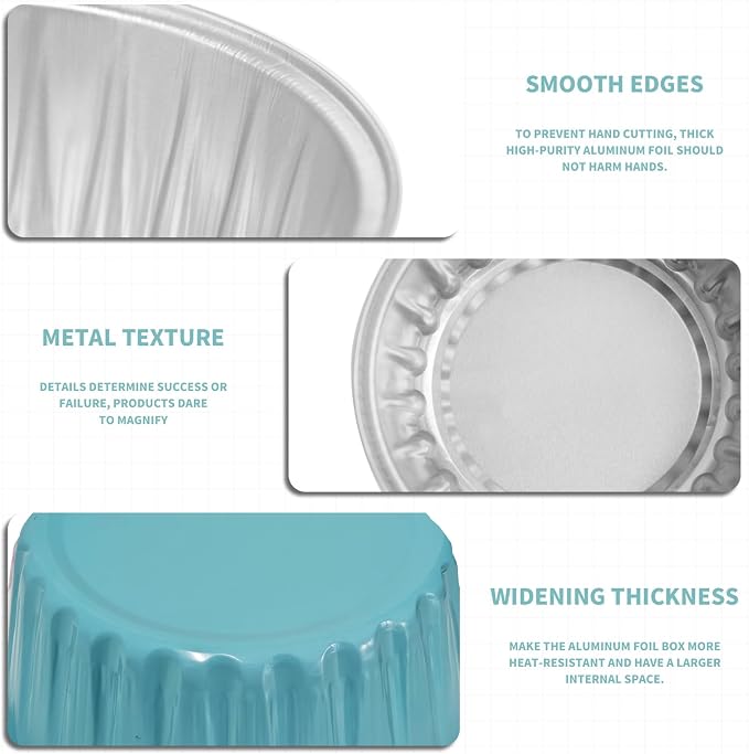 50Pcs Mini Aluminum Foil Cupcake,5oz Light Blue Baking Cups with Lids | Mini Cake Pans,Oven Air Fryers Safe,Loaf Pan with Lids,Disposable Ramekins,Tin Cups Containers for Cupcake,Pudding,Cheesecake - Image 3