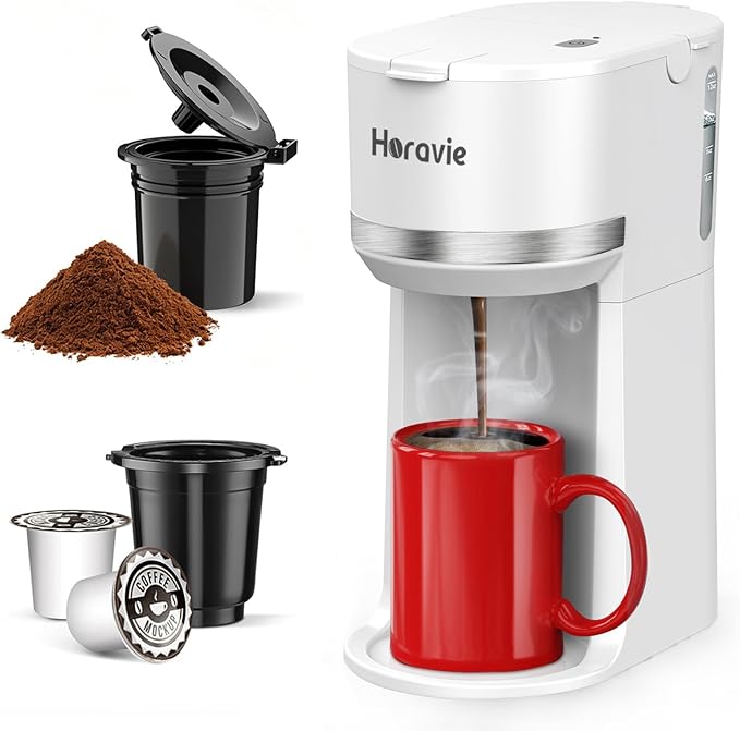 Horavie Mini Single Serve Coffee Maker for K-Cup Pod and Ground Coffee, Fast Brew One Cup Coffee Machine with Descaling Reminder and Viewing Tank, 6 to 12 oz. Brew Sizes, White by Horavie