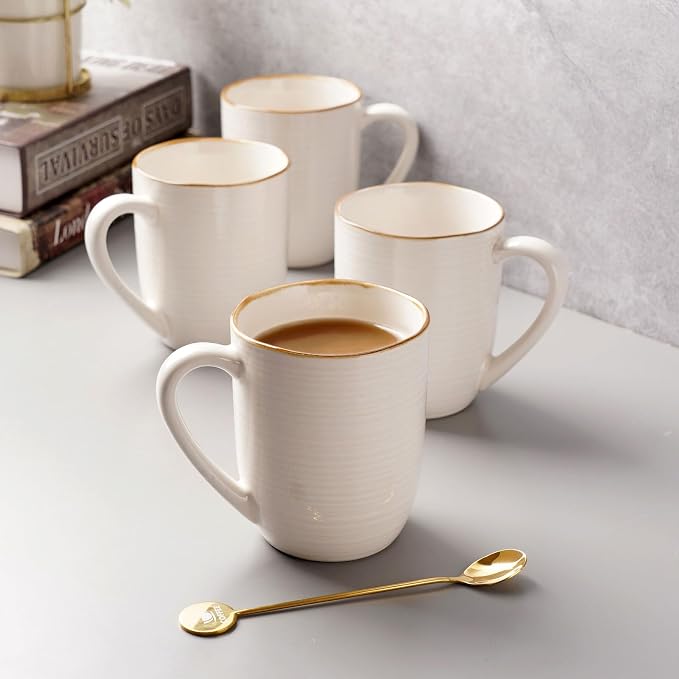 famiware Tempus Coffee Mugs Set of 4, 14 oz Coffee Cup Set, Stoneware Mugs with Handle for Coffee, Tea, Cocoa, Milk, Cappuccino, Microwave Safe - Antique White - Image 4