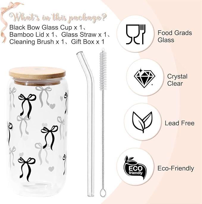 Coquette Black Bow Aesthetic Cup With Gift Box 16oz Glass Cup with Lids Straws and Black Bow Iced Coffee Smoothie Cute Tumbler with Cleaning Brush for Girls Bestfriend Sister Girlfriend