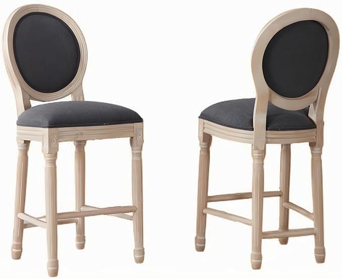 French Country Barstool, Linen Farmhouse Counter Height Chair | Set of 2, with Cushion Round Back and Solid Wood Legs, Oval Chairs for Restaurant, Bar, Kitchen, Café,Dark Grey by RCDDFurniture