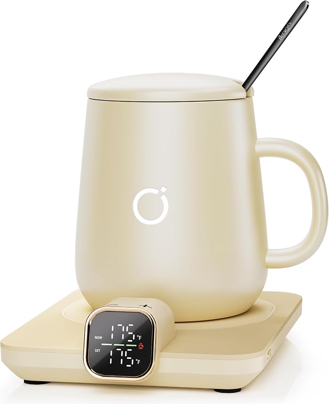 Coffee Cup Warmer & IKAGO Mug Set, 1℉ Precise Temp Control Mug Warmer | Auto Shut Off, Infrared Sensor, Dual Temp Display, ℉/℃ Optional, 15oz Mug with Spoon & Lid Included, Gifts for Men Women by ikago