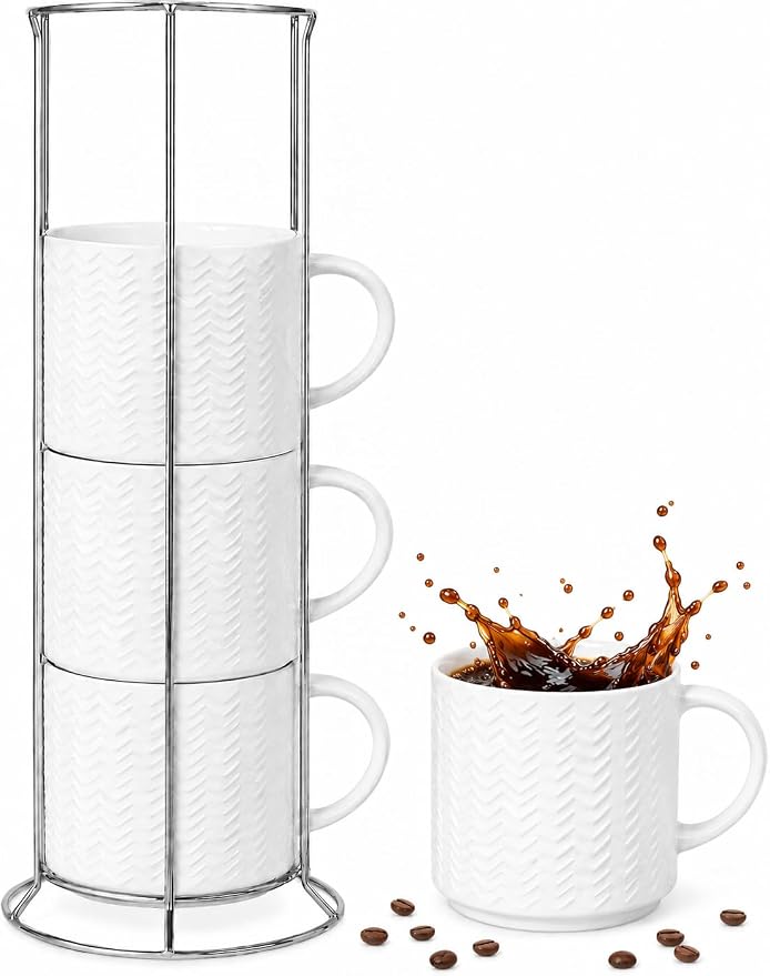 HASENSE Coffee Mugs 12 OZ Ceramic Cups Set of 4, Stackable Embossed Coffee Cups with Rack, Porcelain Coffee Cups for Latte, Cappuccino, Mocha, Cocoa, Americano, Hot Tea and Milk, White by Hasense