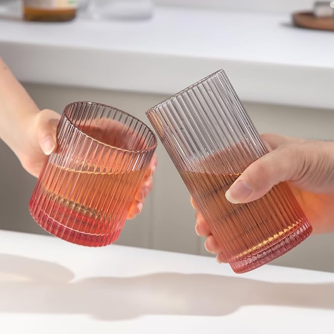 Ribbed Drinking Glasses 8pcs, 12oz and 10oz Glassware, Tumbler Glasses Cup Set for Wedding, Party, Christmas Gift, Grey Pink - Image 4