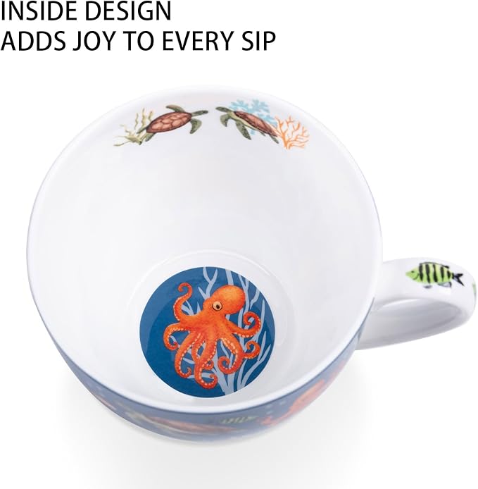 Summer Ocean Wonders Hug Mug - 20oz Deep Blue Bone China Coffee Mug with Sea Turtle, Octopus and Tropical Fish, Marine Life Themed Gift for Ocean Lovers, Designed in England by Harvest Green Studio - Image 5