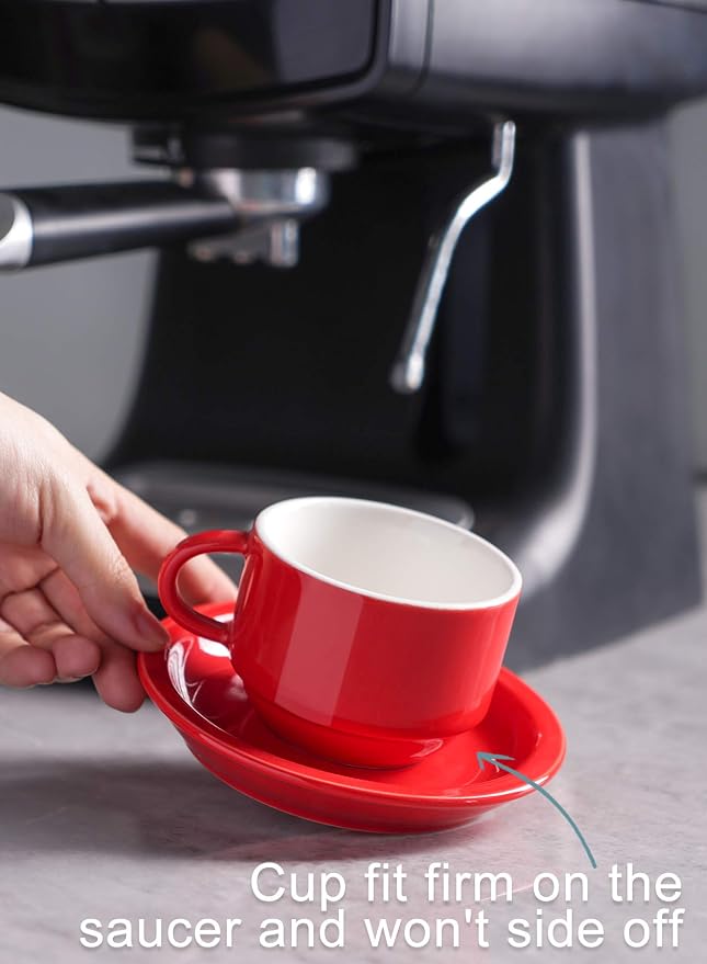 Sweese 4 Ounce Porcelain Stackable Espresso Cups with Saucers and Metal Stand Set of 4, Red - Image 7