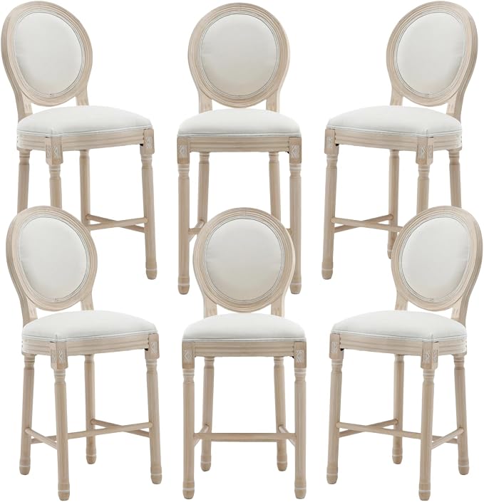 French Country Barstool, Linen Farmhouse Counter Height Chair | Set of 6, with Cushion Round Back and Solid Wood Legs, Oval Chairs for Restaurant, Bar, Kitchen, Café, Beige by RCDDFurniture