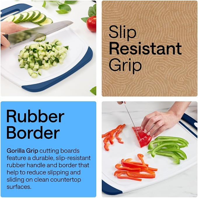 GORILLA GRIP BPA-Free Reversible Kitchen Cutting Board Set of 3, US Designed, Nonporous, Juice Grooves Catch Liquid, Slip Resistant Border, Dishwasher Safe Large Food Chopping Boards, Red Blue Green - Image 3