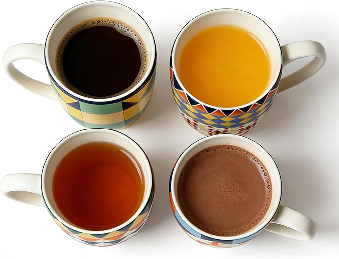 Bohemian Ceramic Coffee Mugs Set of 4, 15oz/450ml Geometric Pattern Tea Cups, Large Porcelain Mugs for Latte Cappuccino, Colorful Boho Drinkware Gift Set - Image 4
