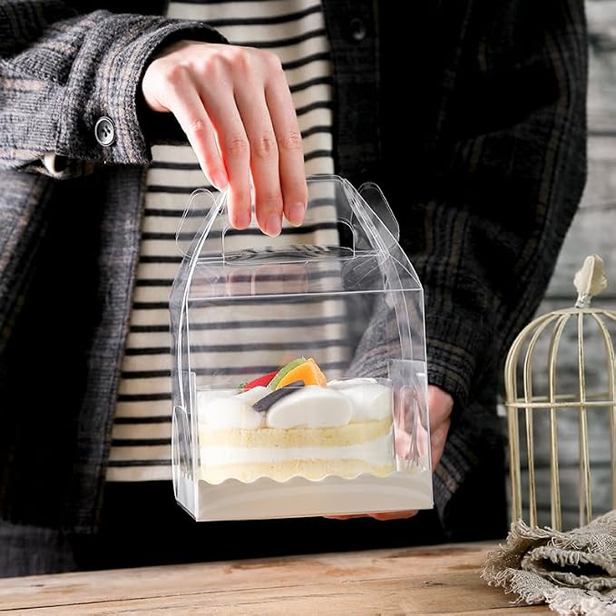10Pcs Clear Cake Boxes with 10 Stickers and 1 Roll Ribbon Transparent Cake Carriers Plastic Cupcake Candy Food Storage Box for Home Wedding Birthday Party Favors Decor,5.5"X5.5" - Image 2
