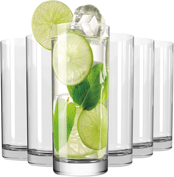 Drinking Glasses Set of 6, 16oz Crystal Highball Glasses, Clear Tall Glass Cups,Water Glass for Kitchen,Tom Collins,Juice,Whiskey,Mojito Cocktail Glasses for Bar Glassware,Gifts for Christmas by WlasssLightweightGlasswareMakingLifeEasier