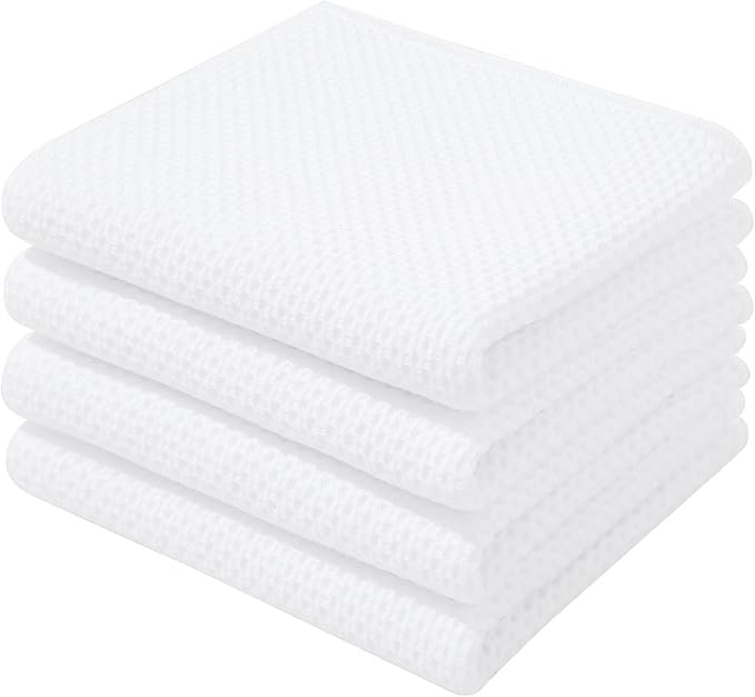Homaxy 100% Cotton Waffle Weave Kitchen Dish Towels 4-Pack, White | 13 x 28 Inches, Ultra Soft Absorbent Dish Towels, Quick Drying Cleaning Towels by Homaxy