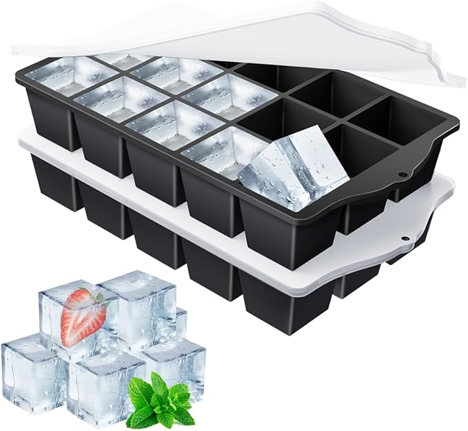 Silicone Ice Cube Tray, 2 Pack Easy-Release Stackable Ice Trays for Freezer with Lid 15 Reusable Cubes, Food Grade BPA Free Ice Molds for Whiskey, Baby Food, Coffee, Cocktail, Drinks (Black)