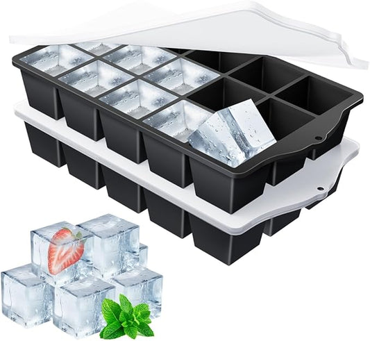 Silicone Ice Cube Tray, 2 Pack Easy-Release Stackable Ice Trays for Freezer with Lid 15 Reusable Cubes, Food Grade BPA Free Ice Molds for Whiskey, Baby Food, Coffee, Cocktail, Drinks (Black)