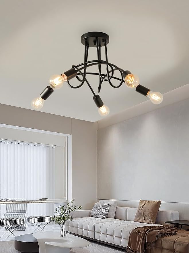 Modern Farmhouse Chandelier,25 Inch 5 Light Sputnik Semi Flush Mount Ceiling Light, Metal Black Rustic Light Fixture for Dining Room Bedroom Kitchen Hallway Entryway - Image 8