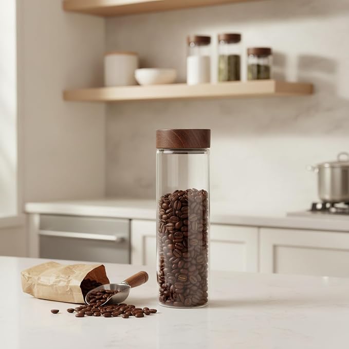Glass Storage Jar with Acacia Wood Lid, Borosilicate Food Canister for Coffee Beans Tea Sugar Dry Pantry Staples (1 PC) - Image 3
