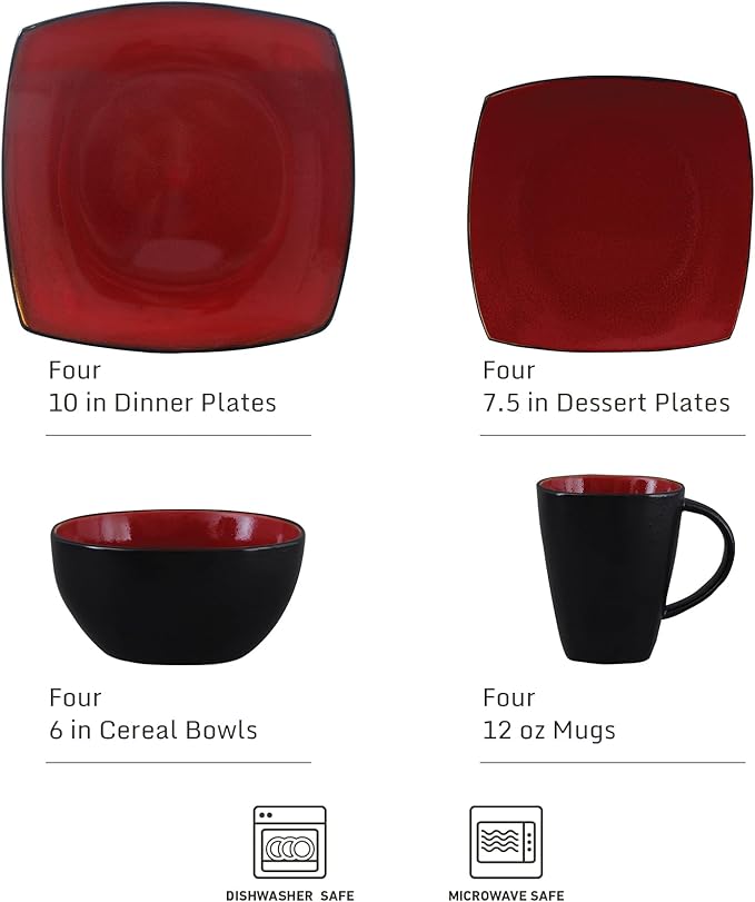 Gibson Elite Soho Lounge Square 16-Piece Dinnerware Set, Service for 4, Reactive Glaze Stoneware Plates and Bowls, Modern Dishes, Microwave & Dishwasher Safe – Red and Black - Image 2