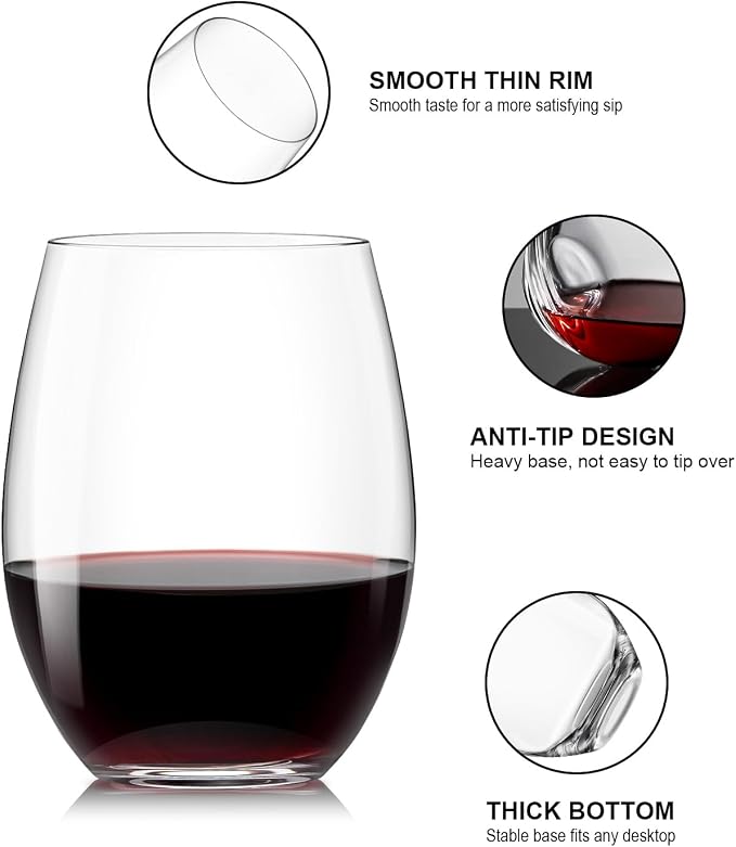 OJA Wine Glasses Set, Crystal Stemless Red Wine Glass, Set of 12, 15 oz | No Stem, Clear, Sturdy Drinking Glass for White Wine, Daily Use, Birthday, Wedding, Home Party, Anniversary, Shower Gift - Image 6