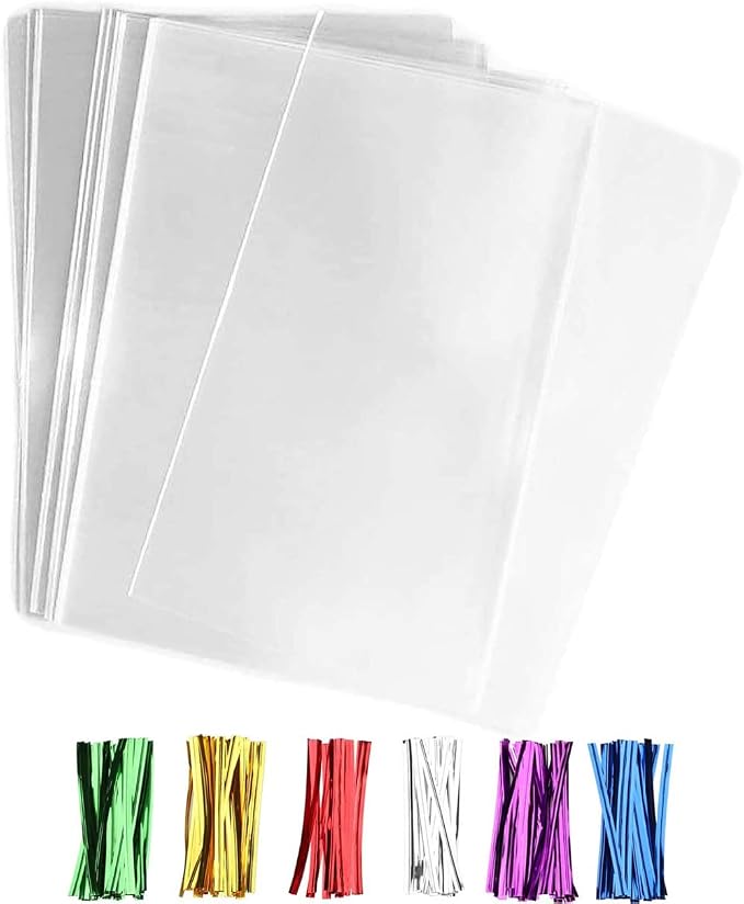 Nobranded 300 pcs Clear 4" x 6" Flat Cello Cellophane Bags Poly Treat Bags 2.8 mils for Gift Wrapping, Bakery, Cookie, Candies, Toast, Dessert, Party Favors Packaging with Color Twist Ties by Somioco
