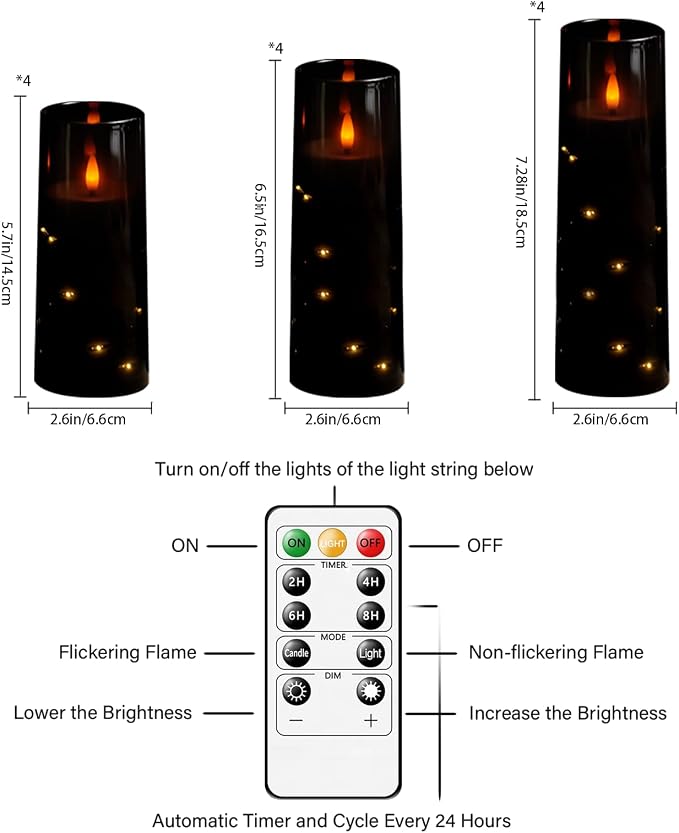 Sasigeiaa Flameless Candles with Embedded Star String - Battery Operated LED Candles, with Remote,12 Black Flickering Candles for Christmas, Weddings, Home Decor & Party,(D 2.3"×H 5" 6" 7") - Image 2