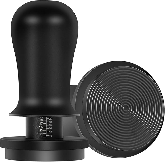 PUSEE 53.3mm Espresso Coffee Tamper with Double Spring Calibrated, Handle Tamper 30lbs Pressure with Titanium Coating Stainless Steel Ripple for Espresso Machine Accessories 53.3mm Tamper, Black