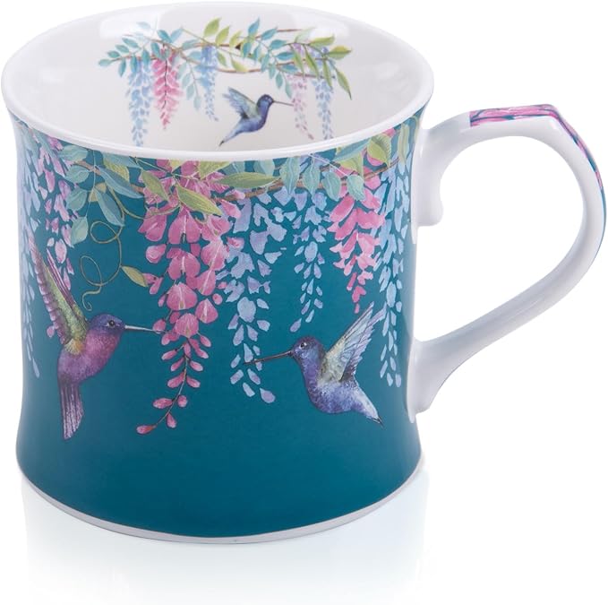 Spring Hummingbird Floral Coffee Mug, 12oz Dark Teal Ceramic Mug with Wisteria and Fluttering Hummingbird, Elegant Gift Mug for Mom, Women & Bird Lovers, Designed in England by Harvest Green Studio by MFoffice