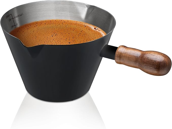 Amrules Espresso Cup, 6.8 oz/200 ml Stainless Steel Coffee Shot Measuring Cup with Wood Handle, Double V-Shaped Mouth and Clear Scale for Cappuccino Barista Coffee Bar Accessories, Black by Amrules