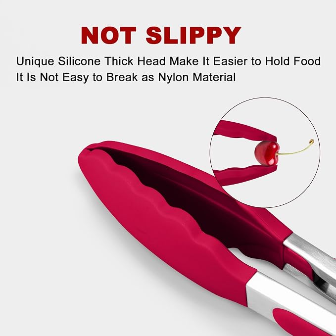 2 Pack Silicone Kitchen Tongs – 9" & 12" Set, Heat Resistant up to 500°F, Non‑Stick Cookware Safe, Wavy Silicone Tips, BPA Free, Locking Clip & Hanging Loop, Wine Red - Image 2