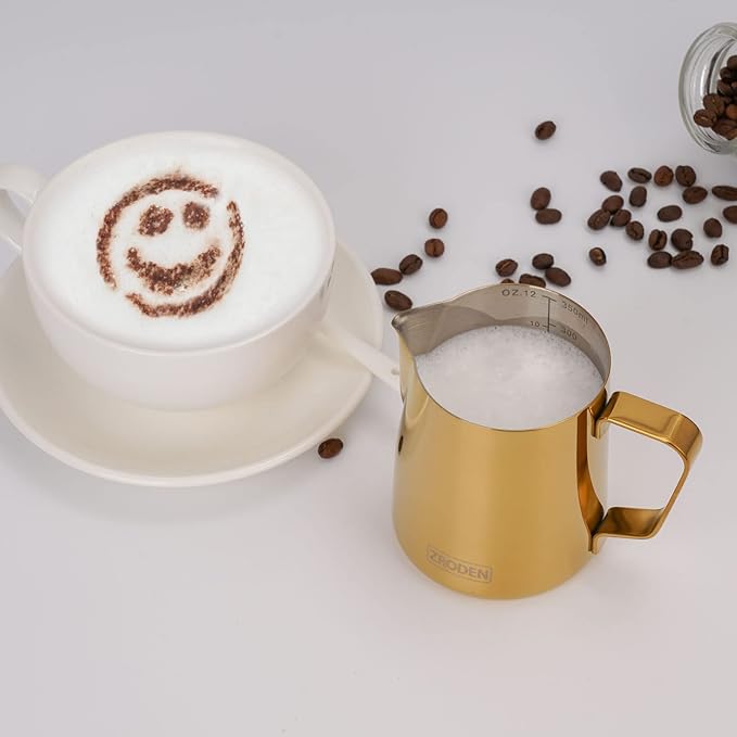 Milk Frothing Pitcher, 20oz Espresso Steaming Pitchers Stainless Steel Milk Coffee Cappuccino Barista Steam Pitchers Milk Jug Cup with Decorating Pen Latte Art, Gold