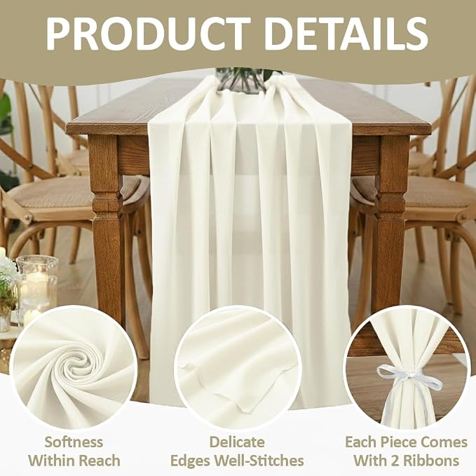 MDS Pack of 5 | Ivory | 10ft Chiffon Table Runner 29x170 Inches Long Romantic Rustic Sheer Gauze Runner for Wedding Bridal Shower Birthday Banquets Engagement Spring Easter Boho Decorationss - Image 5