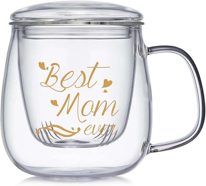 Glass Tea Cup 17.6oz, “Best Mom Ever” Mothers Day Cup with Gift Box, Gifts Mug for Mom, Glass Mug Teacup, Tea Cups for Mom Birthday, Perfect for Grandma & Daughter