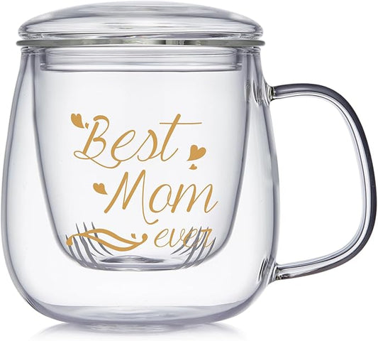 Glass Tea Cup 17.6oz, “Best Mom Ever” Mothers Day Cup with Gift Box, Gifts Mug for Mom, Glass Mug Teacup, Tea Cups for Mom Birthday, Perfect for Grandma & Daughter