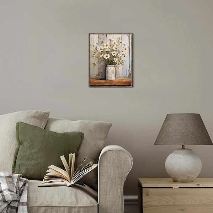 XOCUUI Vintage Canvas Wall Art, Modern Gallery Decor Print White Daisy Flower With Leaf In Bottle Theme Picture Artwork For Walls Ready for Kitchen Bedroom Decor Size 12x16 - Image 3