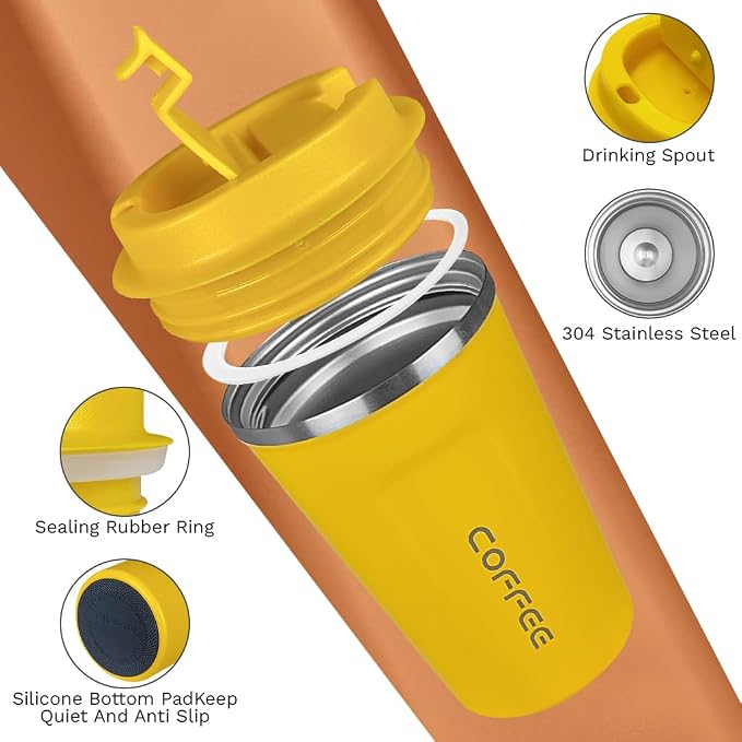 SPLMIFA Travel coffee mugs leak-proof, reusable coffee cup with lid, stainless steel vacuum insulated coffee tumblers, thermal insulation cups for men & women keep drinks hot & cold (2nd-Yellow, 12OZ) - Image 3