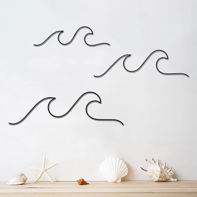 Qmetalart Wave Wall Decor Black Metal Wire Wall Art Ocean Coastal Sea Beach Pictures Surf Nursery Themed Hanging for Home Living Room Sum-mer Seaside Decoration for Bedroom Bathroom by Qmetalart