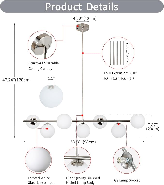 Brushed Nickel Mid Century Modern Chandelier, Linear Sputnik Bubble Pendant Light with Milk Glass Globes, Dimmable Dining Room Light Fixtures over Table for Kitchen Island Living Room Foyer Bedroom - Image 7