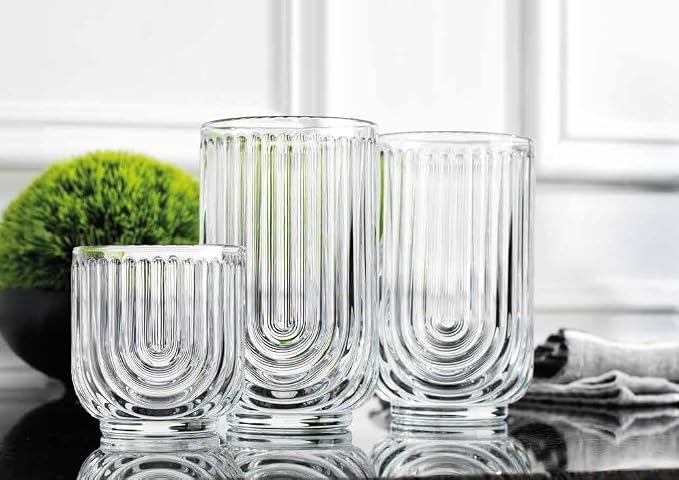 Glaver's 16-Piece Drinking Glass Set, Art Deco Ribbed Arch Design, Clear U-Shape Glassware, 17oz Highball and 11oz DOF Glasses - Image 5