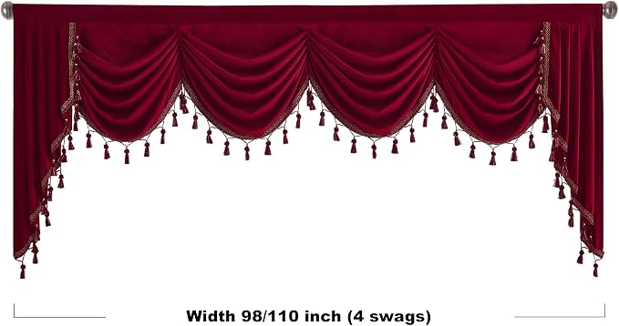 Christmas Red Valance Curtains 110 inches Width, 1 Panel | Heavy Thick Light Blocking Window Drapes, Rod Pocket Waterfall Tassel Swag for Theater, Living Room - Image 4