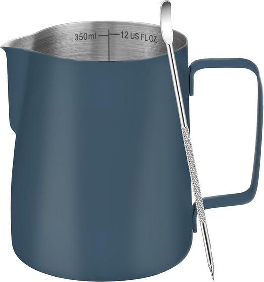 Amrules Milk Frothing Pitcher, 12 oz Milk Frother Cup with Clear Scale, 304 Stainless Steel Cappuccino Espresso Machine Accessories for Barista Coffee Bar with Latte Art Pen, Blue by Amrules
