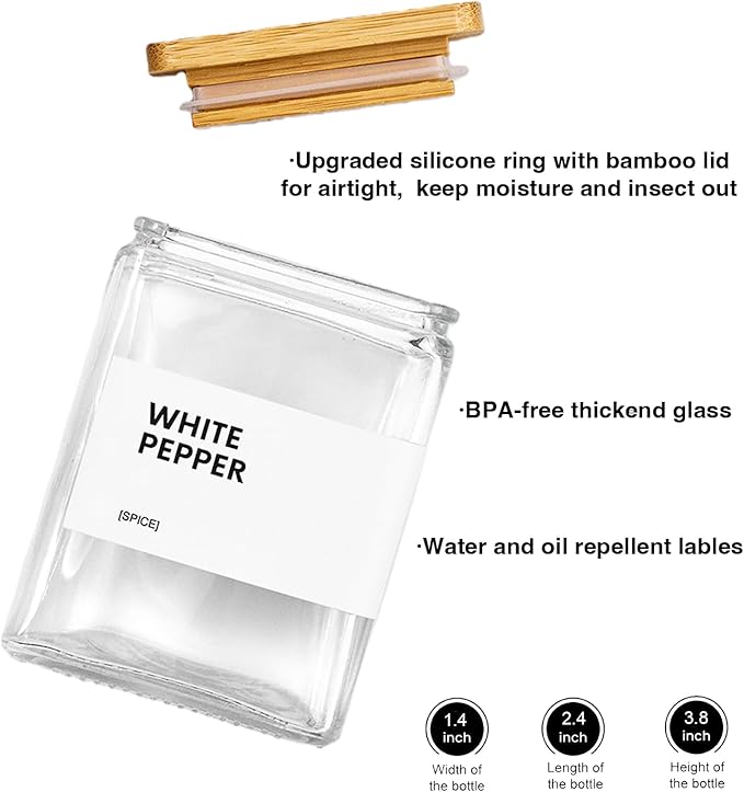 Glass Spice Jars with Bamboo Lid, 4oz Square Spice Containers for Pantry Organization, Seasoning Bottles with Labels, Spoons, Funnel for Salt Sugar - Image 4