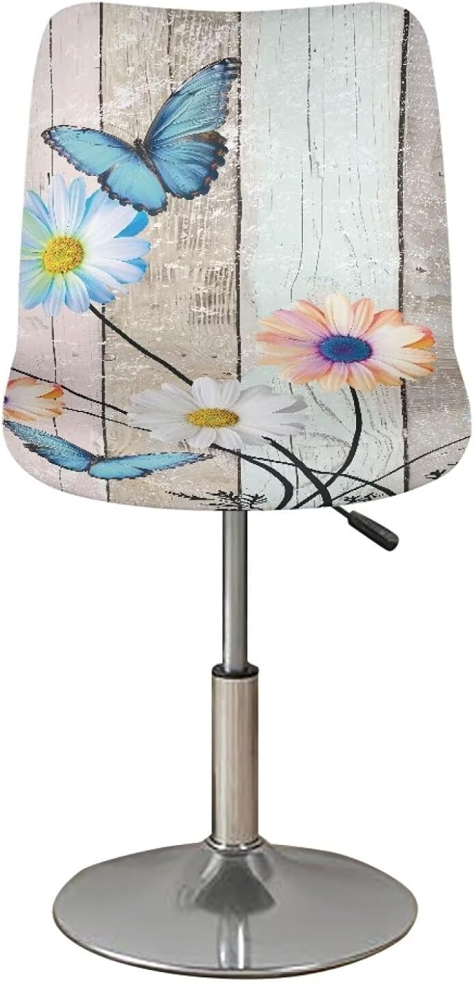 Wood Grain Daisy Butterfly Bar Stool Covers Elastic Stretchable High Mid Low Stool Chair Cover for Party Kitchen Club Machine Washable - Image 2