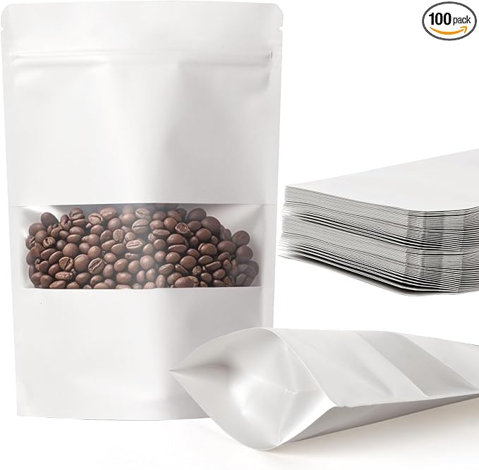 100 Pcs White Kraft Paper Bags with Window, 5.9" x 8.6" Stand Up Pouches Bags, Food Storage Bags for Packaging Products, Reusable, Sealable by NKLEI